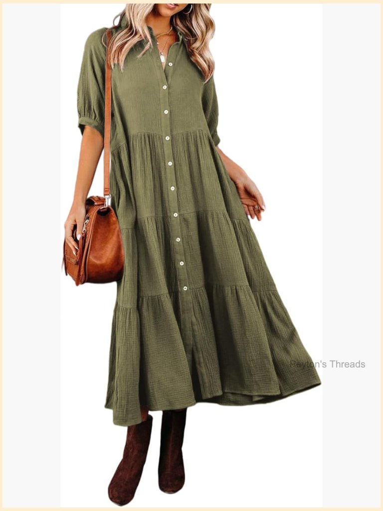 100% Cotton Midi Button Down Dress With Pockets